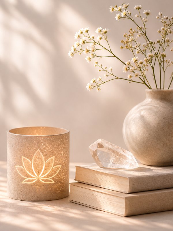 Candle holder with a lotus, a crystal on books and a vase with flowers