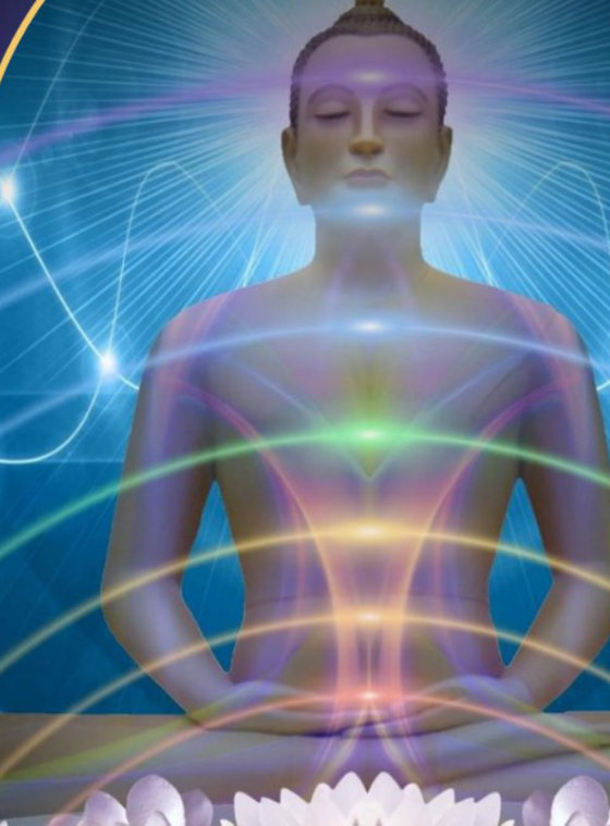 Meditating figure surrounded by soft bands of light